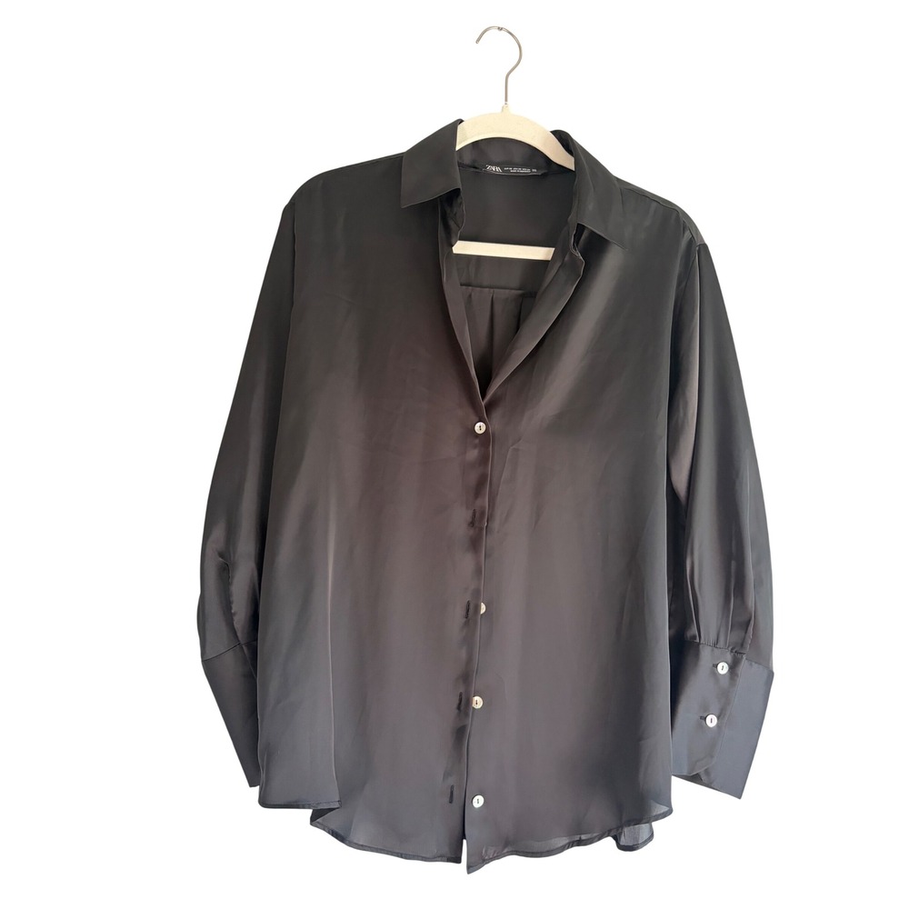 Zara Womens Black Satin Button Down Blouse Long Sleeve Wide Cuff Shirt Size XS